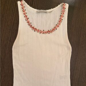 Alice + Olivia White Tank Top with Pink Floral Embroidery